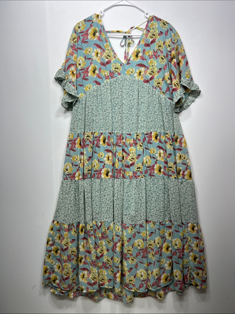 Floral Tiered V-Neck Midi Dress in Light Blue